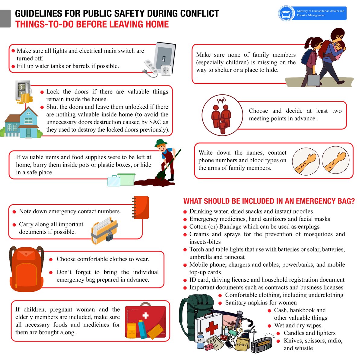.<a href="/mohadmNUG/">MOHADM - NUG - Myanmar</a> has published the awareness for public safety during conflicts. These posters are also available in the website and Facebook page of the ministry.
To get Myanmar version:bit.ly/conflictFB
To get Myanmar version in pdf file: bit.ly/conflictMMpdf
#BeSafe