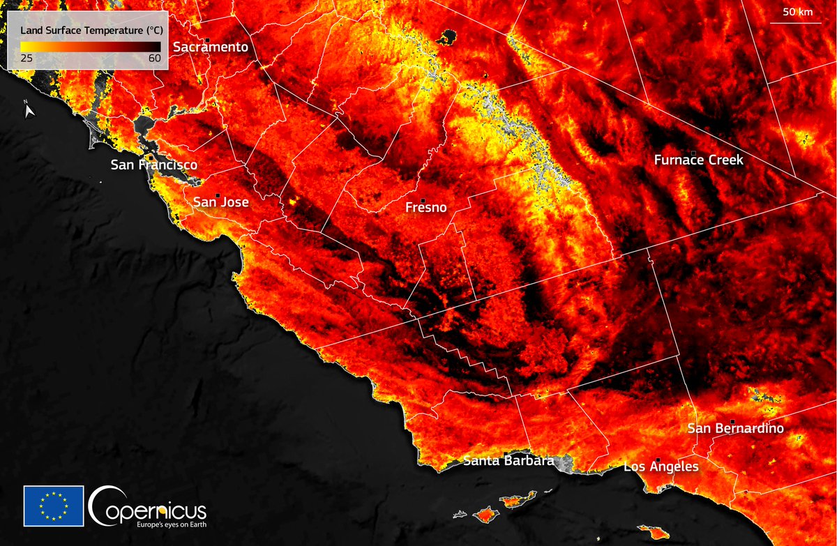 #EUSpace for #ClimateChange awareness 

Temperature in Death Valley, #California 🇺🇸, the hottest place on Earth, hit 50°C on 7 September♨️

As shown by #Copernicus #Sentinel3🇪🇺🛰️, on the same day, the Land Surface Temperature #LST reached peaks of 60°C

NB: LST is not air T° 🌡️