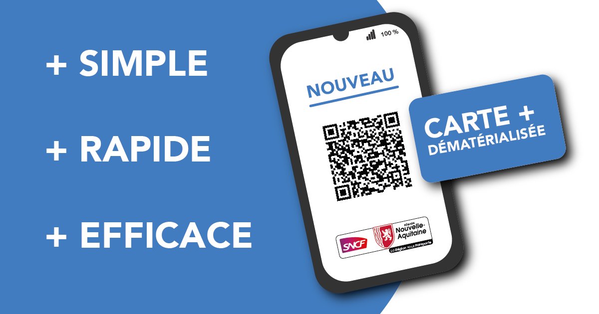 Info Bon Plan ✅ La Carte + <a href="/TERNouvelleAQ/">SNCF Voyageurs TER NOUVELLE-AQUITAINE</a> pour voyager à prix reduits toute l'année en <a href="/NvelleAquitaine/">Nouvelle-Aquitaine</a> (mais pas que 😉) se #dématerialise 
Pour en bénéficier et en savoir + rdv ici 👇🏼
ter.sncf.com/nouvelle-aquit…