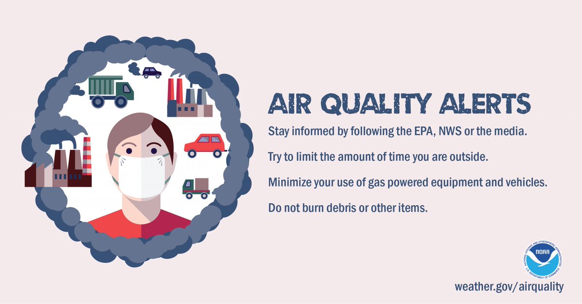Do you know what to do if an Air Quality Alert is issued? Stay inside, stay informed, minimize your use of vehicles and other gas-powered machines, and do not burn waste or other items. Visit weather.gov/safety/airqual… to stay #WeatherReady.