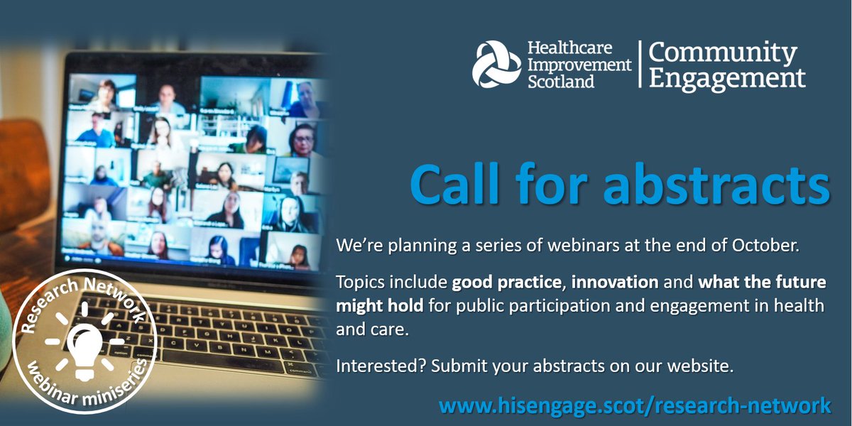 We’re planning a webinar series for end of Oct, bringing together researchers, practitioners &amp; policy makers interested in community engagement, public involvement and co-production in health &amp; social care.

Interested? Submit your abstract by 15 Sept:
hisengage.scot/research-netwo…