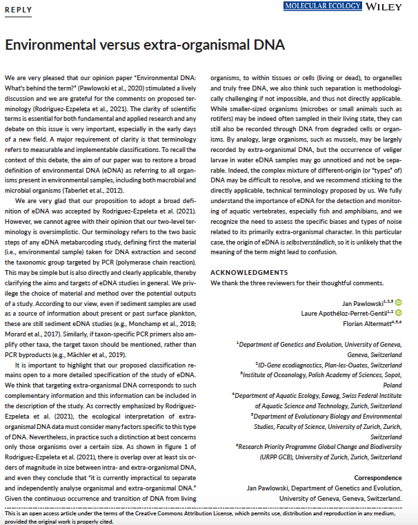 Environmental versus extra-organismal DNA: our response to an ongoing discussion about what #eDNA is &amp; how to use it now out <a href="/molecology/">Molecular Ecology</a>: onlinelibrary.wiley.com/doi/10.1111/me…

see thread of discussion: doi.org/10.1111/mec.15… and doi.org/10.1111/mec.15…

#JanPawlowski <a href="/IDGeneEco/">ID-Gene ecodiagnostics</a> <a href="/DNAquaNet/">COST Action CA15219</a>