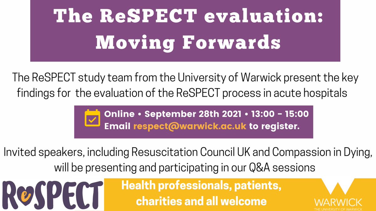 Warwick CTU (@warwickctu) on Twitter photo The study team will present findings from the evaluation of the ReSPECT process in the acute hospital setting on 28th September 1-3pm. Healthcare professionals, charities, patients and the public - everyone welcome to join us online. Email respect@warwick.ac.uk to register The study team will present findings from the evaluation of the ReSPECT process in the acute hospital setting on 28th September 1-3pm. Healthcare professionals, charities, patients and the public - everyone welcome to join us online. Email respect@warwick.ac.uk to register