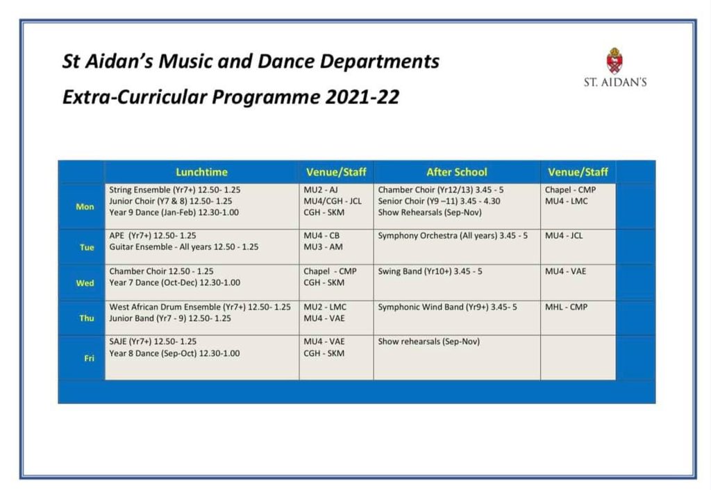 Extra-curricular Music and Dance are back!  We're delighted to be restarting our extensive programme as from next Monday, and would encourage all students to take full advantage of this exciting range of activities, which we've missed so much over the last 18 months #candomusic