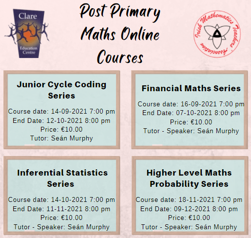 ClareEdCentre's tweet photo. 📢Post Primary Maths Teachers

➡️Junior Cycle Coding Series
➡️Financial Maths Series
➡️Inferential Statistics Series
➡️Higher Level Maths Probability Series

🗣️Seán Murphy @imtanational

Dates and links to register⤵️
https://t.co/5lL3CRPVLI

#maths #higherlevelmaths https://t.co/ztB1FnbE6z