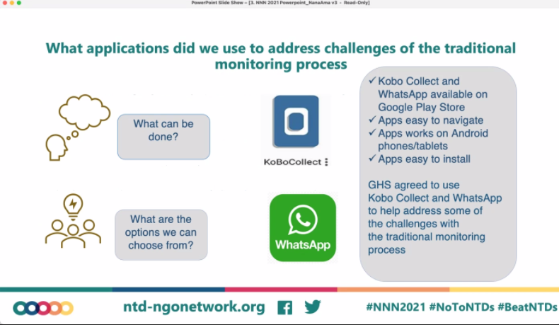 NTD_NGOs's tweet photo. How did #Ghana implement #RemoteSupervision for #BeatNTDs programmes? Nana Ama Tiwaa-Boateng @Sightsavers describes experiences using Kobo Collect &amp; WhatsApp in #NNN2021 workshop 3.6. 
https://t.co/7DtVFDme7h https://t.co/8Gryu9cpCR