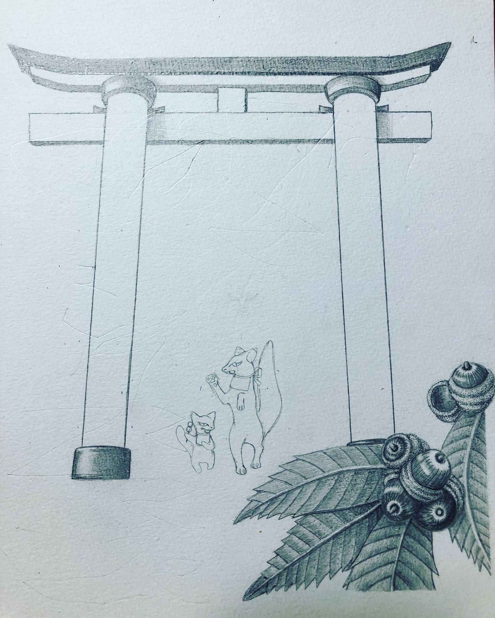 おうまの親子 途中 シャーペン画 えんぴつ画 鉛筆画 点描画 水彩画 デッサン イラスト 絵が好き 日本画 イラストが好き アート 神社 鳥居 伏見 京都 おいなりさん デザイン キツネ Mechanicalpencildrawing Pencildrawing