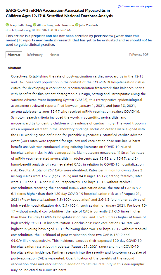 1/ <a href="/TracyBethHoeg/">Tracy Beth Høeg, MD, PhD</a> et al: Post mRNA C19 vax, CDC-defined myopericarditis rates in healthy 12-17yo males, ~2 to 6X &gt; their C19 hospitalization rates during moderate to high C19 transmission periods medrxiv.org/content/10.110…