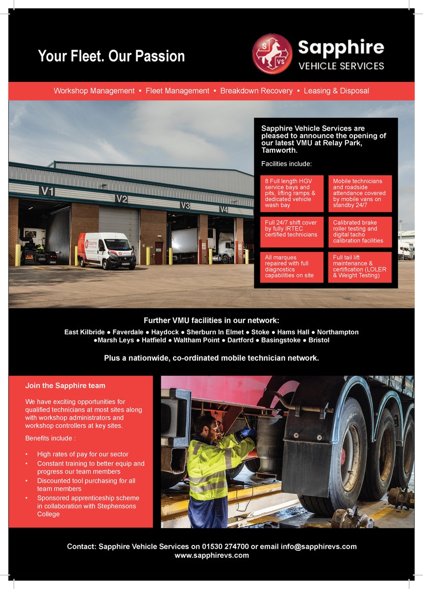 Sapphire Vehicle Services have a range of exciting opportunities for qualified technicians, workshop administrators and workshop controllers across their sites around the UK. If interested contact 01530 274700 or email info@sapphirevs.com #recruiting #hiring #ad