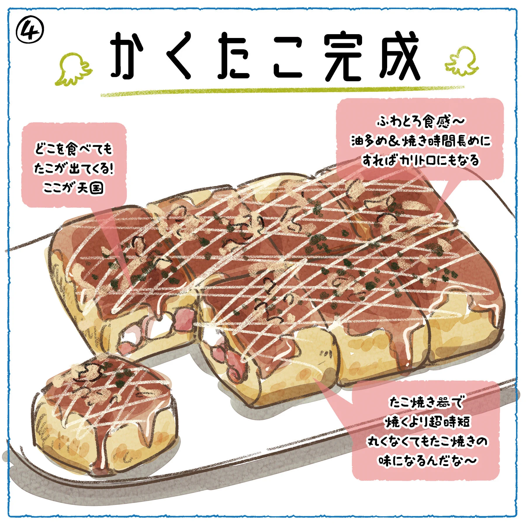 たこ焼き器で作るより時短出来ちゃう？！卵焼き器を使った、四角いたこ焼きのレシピ！