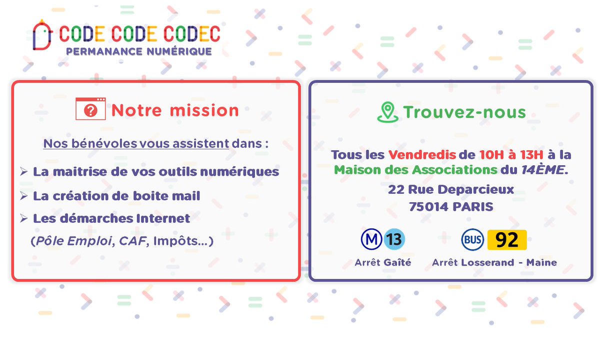 CodeCodeCodec's tweet image. Difficultés avec les outils technologiques ou les procédures en ligne ?
 
Nous organisons tous les vendredis une permanence numérique à la 
@MDAParis14
 de 10h à 13h.

Prenez rendez-vous en appelant le 01.82.28.30.66