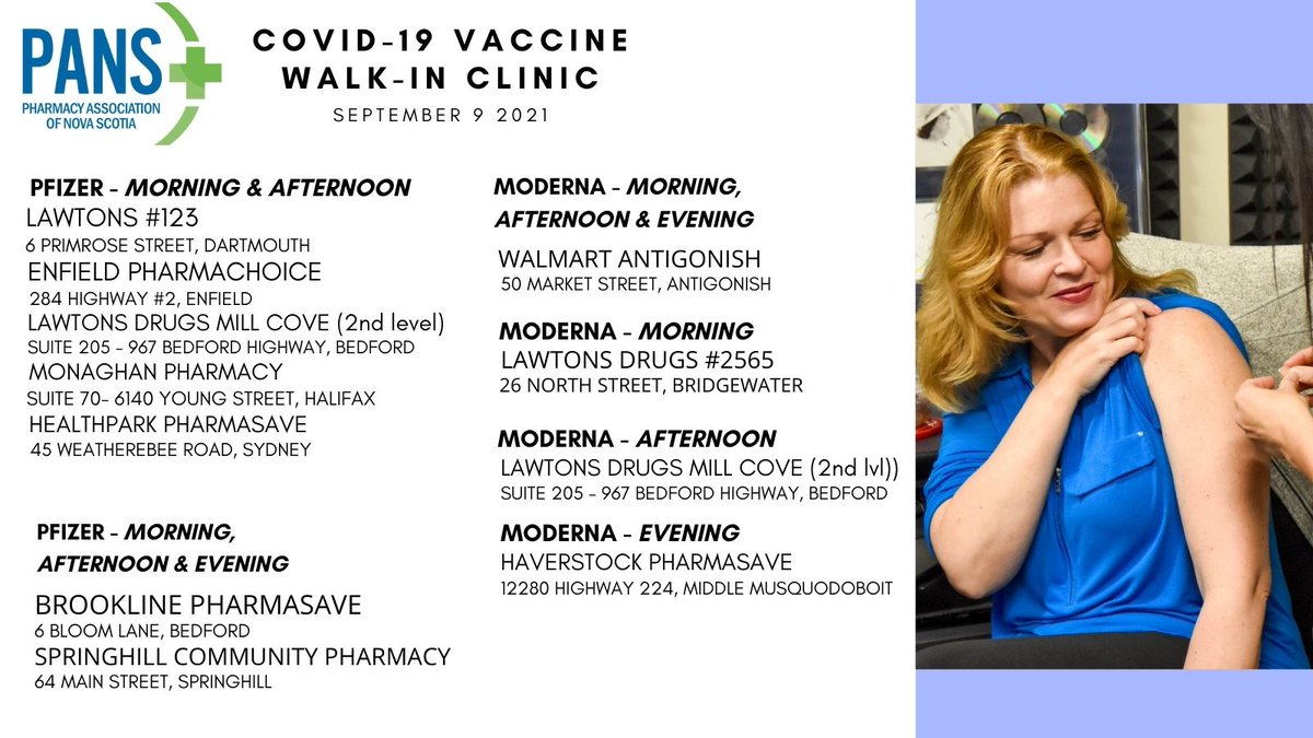 Walk-in Vaccine Clinics - TODAY SEPT 9!

Looking to get your Covid-19 vaccine but haven't been able to find a time that works for you? Head to any of the locations listed- No appointment needed!

#COVID19 #vaccine #walkinclinic #pharmacyns