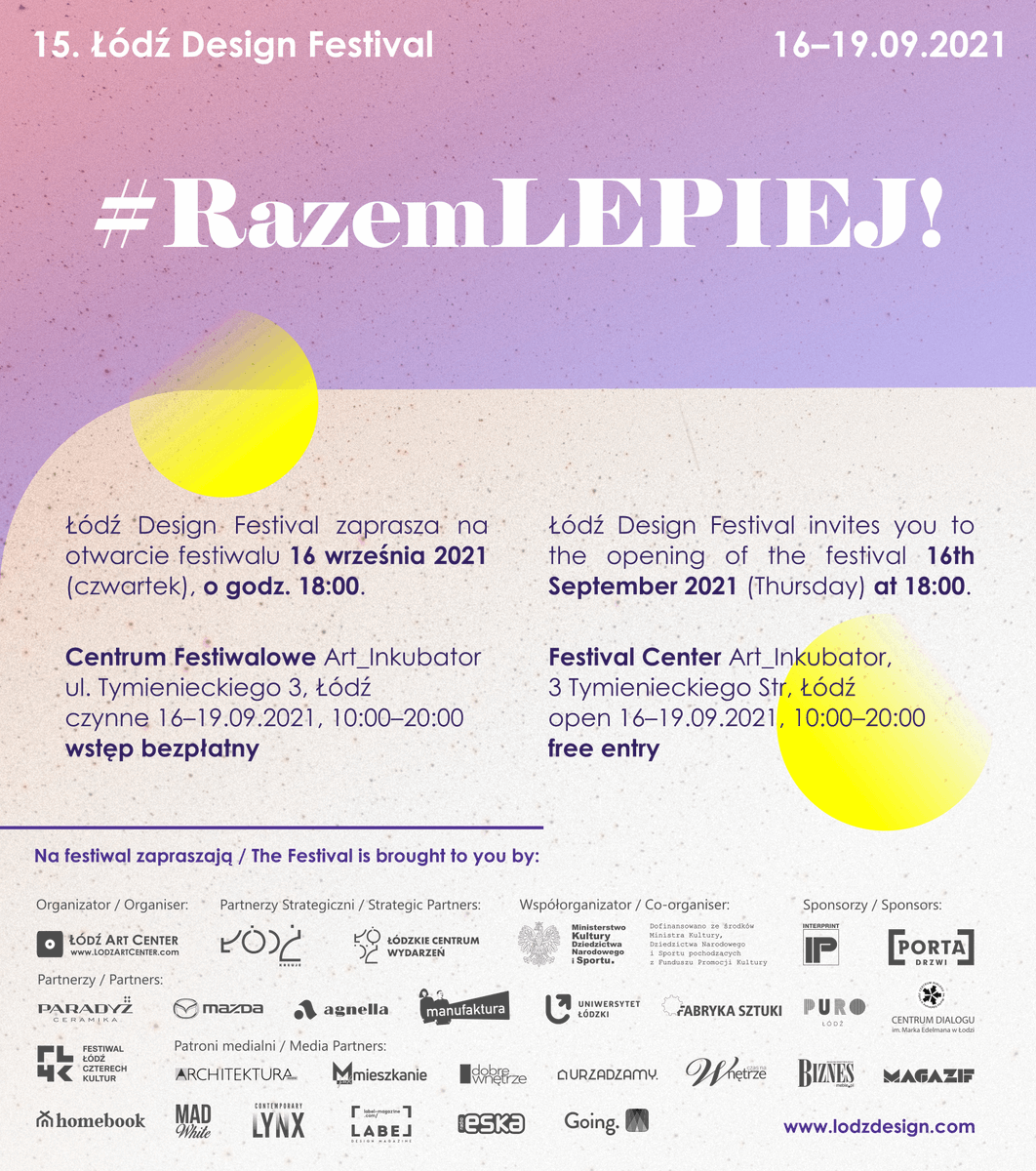 Startujemy już w czwartek 16.09!

Przyjdźcie na otwarcie o godz. 18:00, żeby zobaczyć wystawy w towarzystwie ich kuratorek i kuratorów 😉

Wstęp wolny, będzie super 👍

Tutaj skrócie opisaliśmy program nadchodzącej edycji:
lodzdesign.com/ldf2021/15-ldf…

#lodzdesign #lodz #kochamlodz