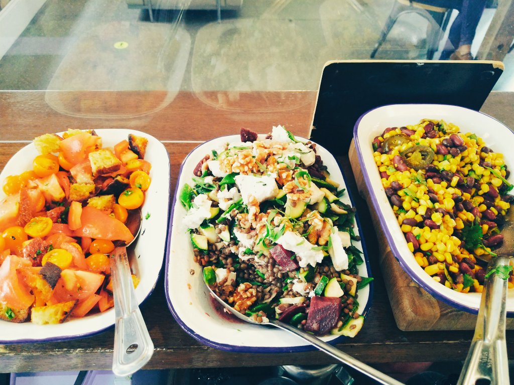 Our new trainee Abdul has made some amazing salads today: Panzanella Goats cheese, beetroot & walnut Mexican corn