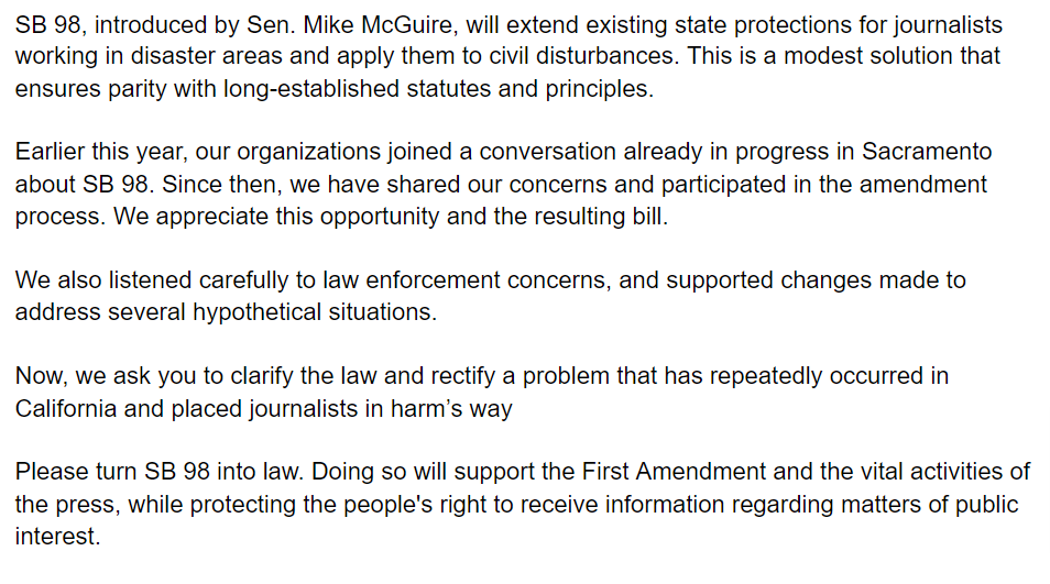 LAPressClub's tweet image. We're proud to join this coalition of press organizations, representing thousands of California journalists, in supporting #SB98. The bill will protect journalists from arrest while covering protests. Final vote this week! Our support letter now includes 20 groups: