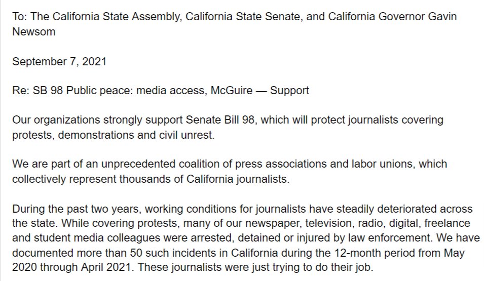 LAPressClub's tweet image. We're proud to join this coalition of press organizations, representing thousands of California journalists, in supporting #SB98. The bill will protect journalists from arrest while covering protests. Final vote this week! Our support letter now includes 20 groups: