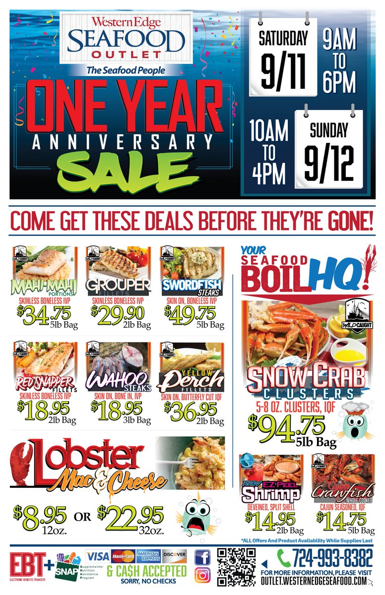 WES_Outlet's tweet photo. WOW!  We can't believe it's been a year already!  We 've met so many great people &amp; are so appreciative of all of our seafood lovers, so we're throwing a big event &amp; SALE this weekend to celebrate!
Our brand new food truck, Johnny's Seafood Shack will be there 12-5 on 9/11 too! https://t.co/V90VOvwlLM