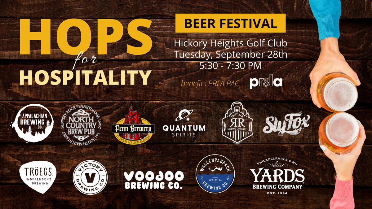 prlaorg's tweet photo. Happy #ThirstyThursday, friends. It's the perfect day to grab your tix to our inaugural Hops for Hospitality Beer Festival at Hickory Heights Golf Club on 9/28! Your $45 ticket gets you unlimited tastings from some great PA breweries + hors d'oeuvres. Tix: https://t.co/JspyWt0r2g https://t.co/6J8SxPAqoA