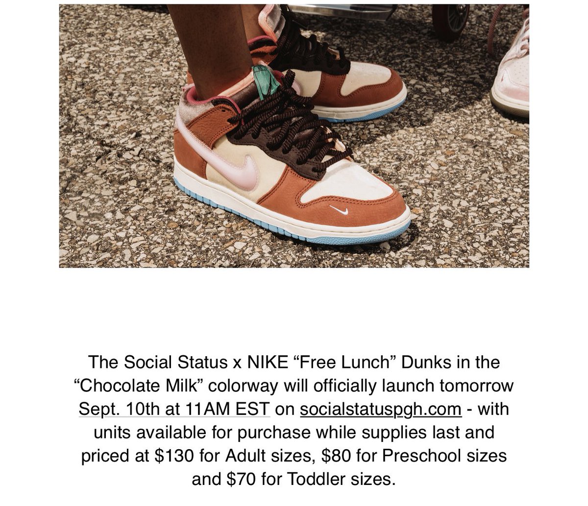 snkr_twitr's tweet photo. Social Status x Nike Free Lunch Dunks ‘Chocolate Milk’ drops tomorrow 8am PT/11am ET

https://t.co/s2PpgfFbQd

Men $130
PS $80
TD $70

#AD https://t.co/HbnPPmieUH