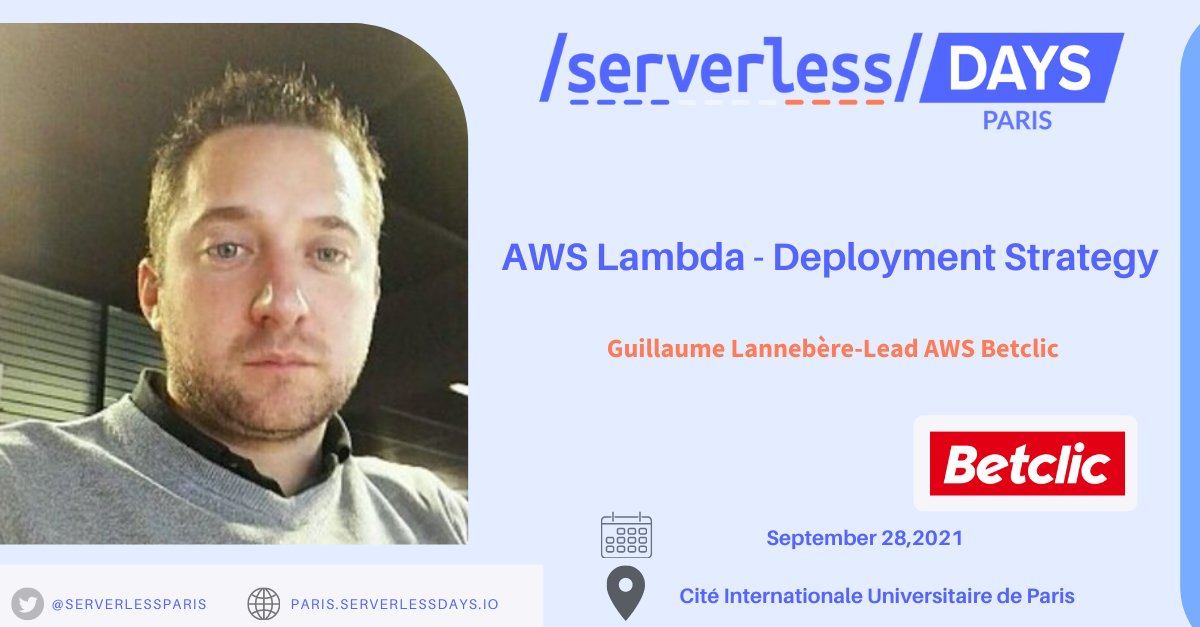 [Speaker Announcement]

We are delighted to announce our seventh speaker for the ServerlessDays Paris 2021 Edition.

<a href="/guillan40/">Guillaume LANNEBERE</a>  Lead AWS at Betclic

Join us on september,28!

Get your tickets with 40% reduction on:

lnkd.in/dUbVZbZ

<a href="/Serverless/">Claudio Iaccarino</a>

<a href="/Devops/">the devops genius</a>