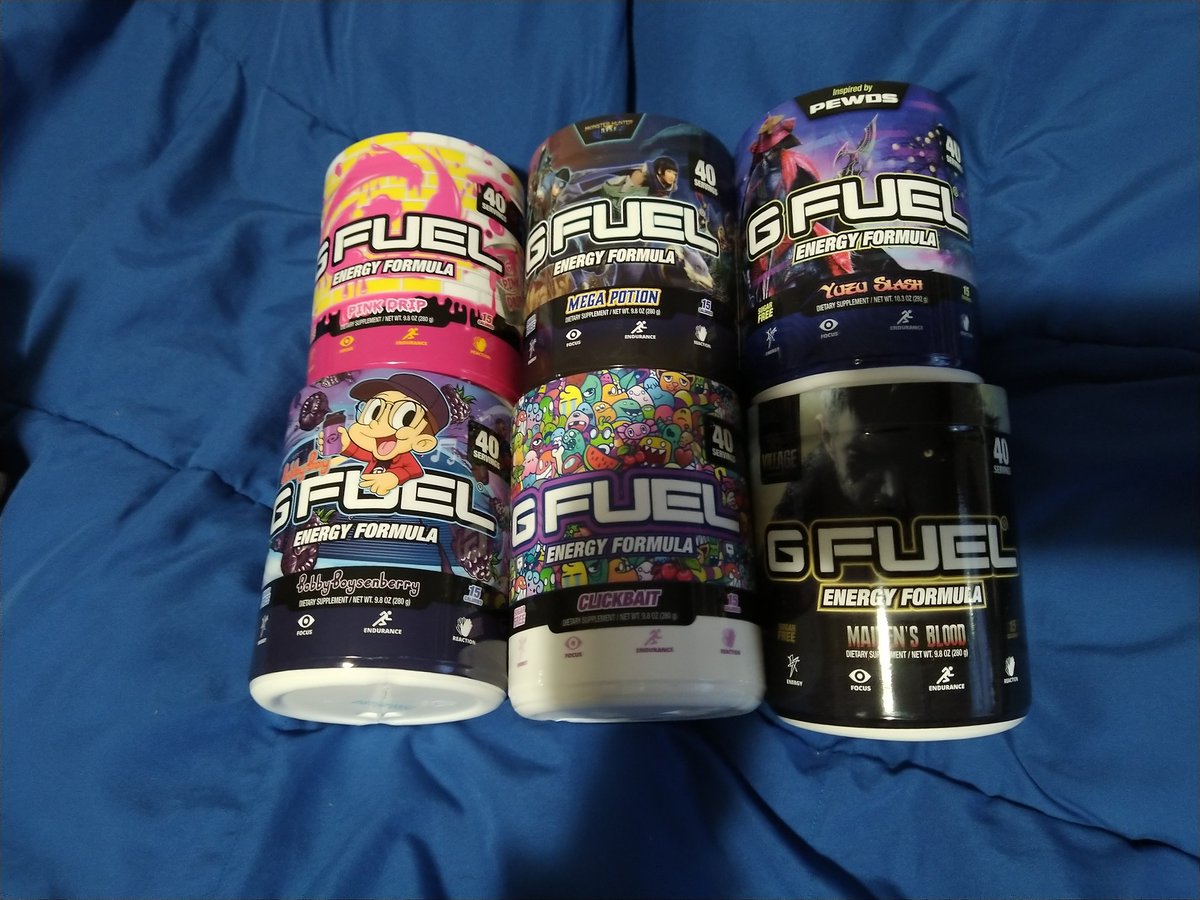 DusteySC's tweet photo. Thank you for the buy one get one free sale @GFuelEnergy . Which #gfuel flavour should I try 1st? #pinkdrip #megapotion #Yuzuslash #bobbyboysenberry #Clickbait #maidensblood https://t.co/6G0ZAwYtQz
