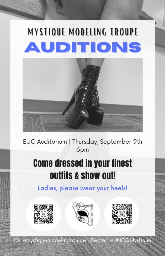 UNCGMystique's tweet photo. 🚨Mystique is back on campus &amp; we’re accepting new models &amp; members‼️Our auditions are TONIGHT @ 6PM in the EUC AUDITORIUM! We’re not only looking for models, but also MUAs, stylists, backstage crew members, photographers, graphic designers, &amp; even more!🙌🏽 DM us any questions! https://t.co/ftrlxKwgYl