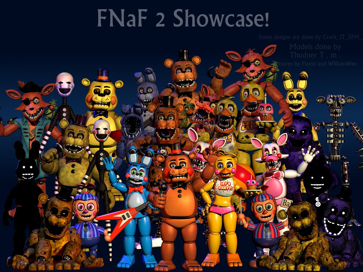 Ultimate FNaF Model Pack on X: FNaF 2 Showcase! Models by @thunderbob333  and @tm_animations Materials by @tm_animations Textures by @flaviiusss and  @willyboiiiiiii Some of designs by @CrackITSFM (UnwFoxy, Fredbear) Withered  Toys will