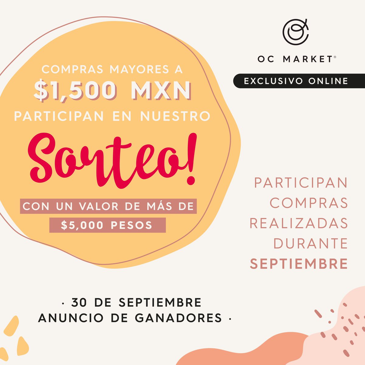 ¡Por que nuestros clientes lo merecen!  Participa en nuestro sorteo de septiembre y gana un paquete de productos de nuestras mejores marcas 💚🙌🏼🍃

- Participan todos los clientes que realicen compras en ocmarket.mx mayores o igual a $1,500.00 MXN durante septiembre.