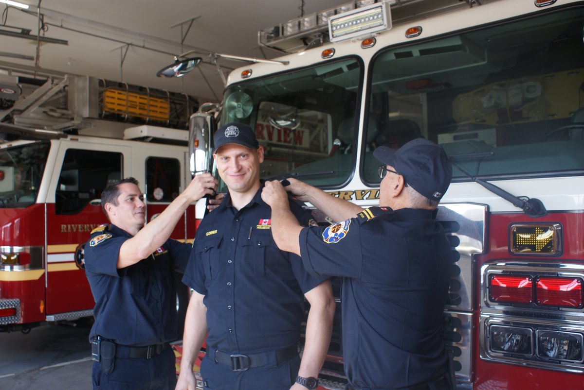 RFDFPrev's tweet image. Congratulations to Firefighter/Paramedic Todd Gorner for completion of his probation. He is pictured with Deputy Chief Davidson and Captain Gilles Allard.