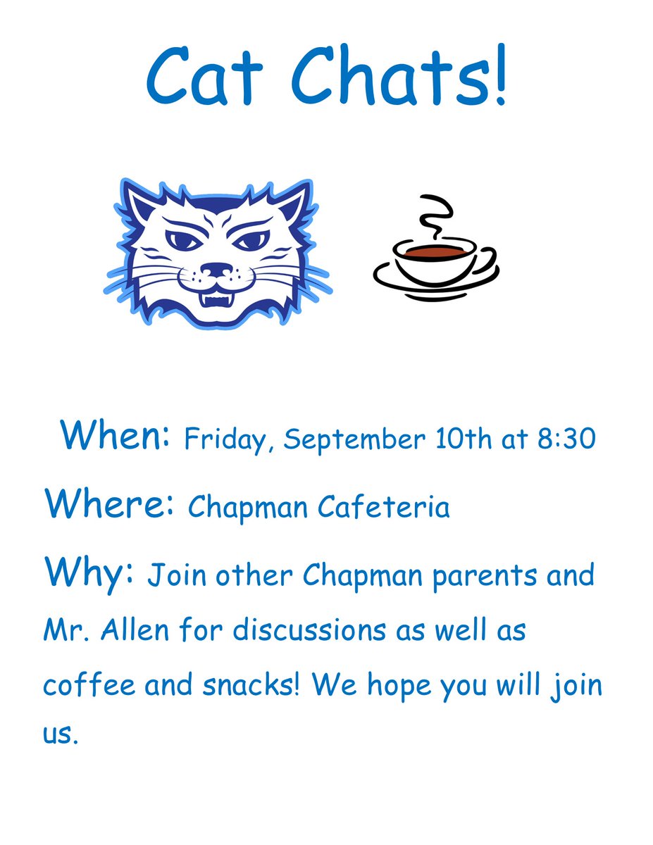 Chapmancats's tweet photo. Hey Chapman Families! Join us tomorrow morning for our first Cat Chats of the year. We hope to see you there! #itsagreatdaytobeacat https://t.co/0MIqhZ3VJE