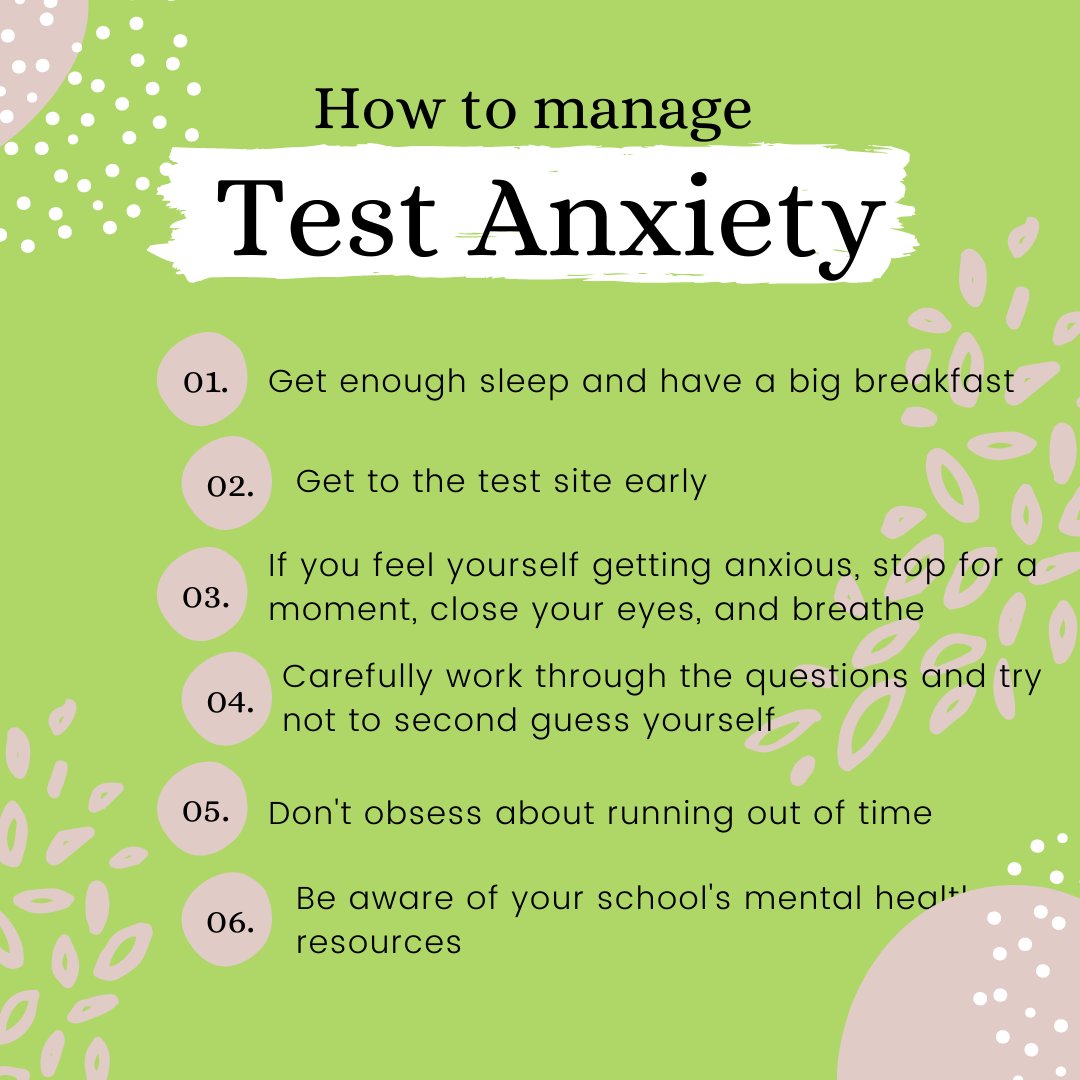 With the SAT and ACT coming up, we wanted to give you some tips on how to manage testing anxiety. If you experience severe anxiety when taking tests, talk to a counselor so that accommodations can be made for you. #work2bewell #mentalhealth #testanxiety #SAT #ACT #highschool
