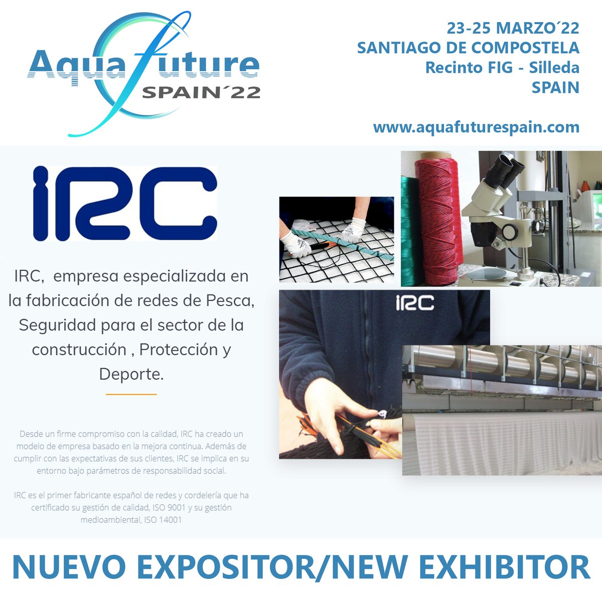 Nuevo expositor en aquafuturespain.com, desde Alicante - España, IRC, Internacional de Redes y Cuerdas, empresa dedicada a la fabricación de redes y jaulas terminadas, suministros y accesorios e I+D+I