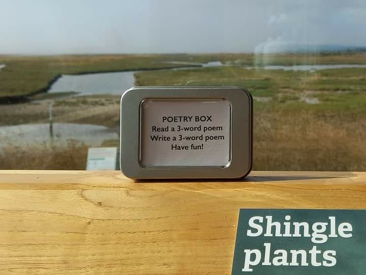 Poetry trail is up today, ready for start of #RyeArtsFestival tomorrow.
We have also put out some poetry boxes - 2 on benches on reserve and 1 in the cafe. They contain a notebook and pencil, if you feel inspired by our views
#DiscoverRyeHarbour 
#HeritageFund 
#NationalLottery