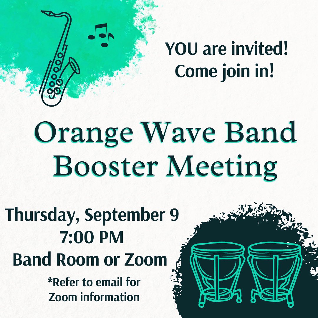 OWB_JFND's tweet photo. We’ve got some cool news to share tonight during the September Booster meeting!!

6:30pm Committee Chairs
7pm Booster Meeting

RHS Band Hall

Zoom Details were sent out earlier this week via email. https://t.co/BTFWL6DFLH