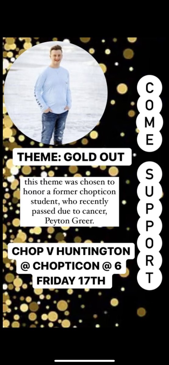 chopnationSS's tweet photo. Home Game Friday the 17th @ 6:00 !!          THEME: GOLD OUT   💛
Come Support Our Boys and Help Us Honor Peyton ! 🖤❤️ https://t.co/R66BJJMohK