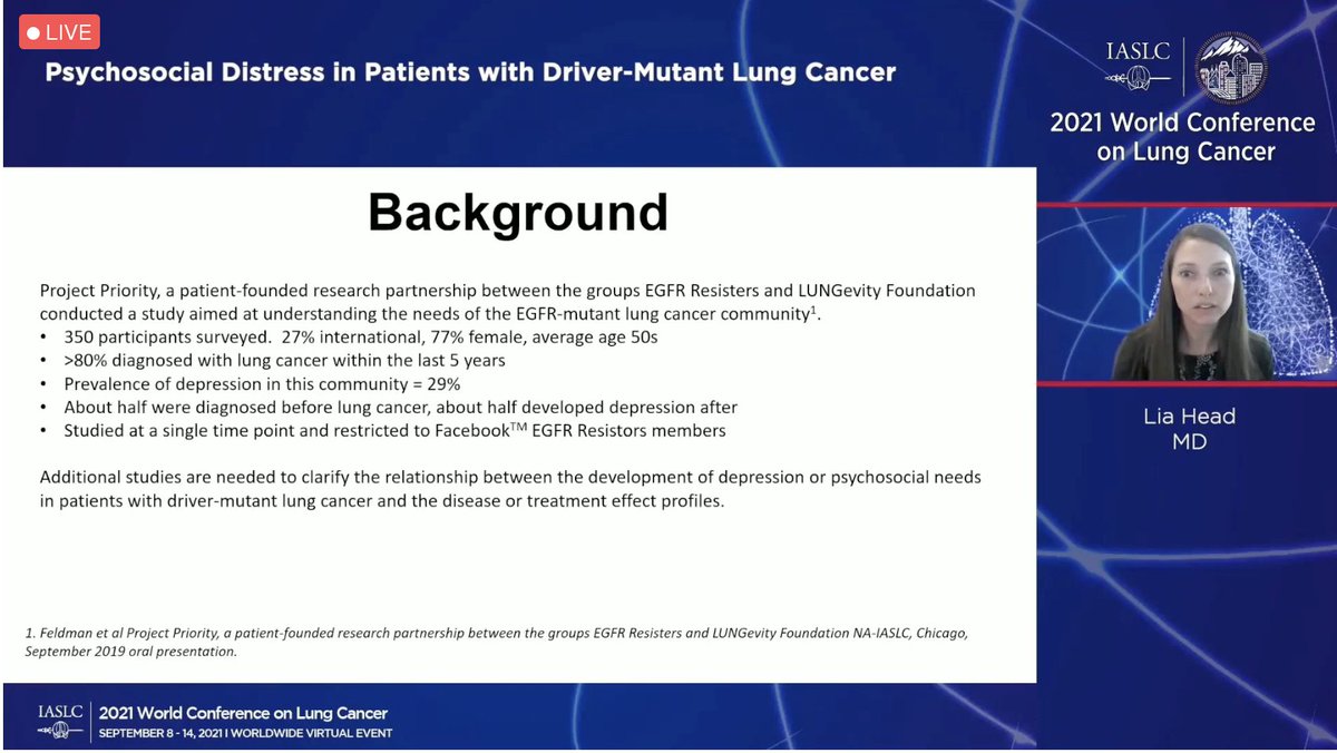 ivybelkins's tweet photo. Dr Lia Head from @RushCancer: #ProjectPRIORITY real world data led to her study of cancer related distress in patients with newly diagnosed oncogene driven #lungcancer. Notable that shorter PFS/OS appear to be associated with higher depression rates at the time of diagnosis #lcsm https://t.co/0kwAW79WVx
