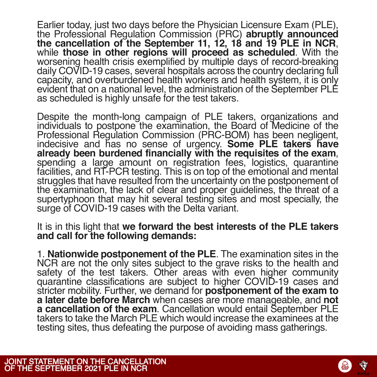 PMSANational's tweet photo. PMSA & NUSP JOINT STX ON THE CANCELLATION OF THE SEPT 2021 PLE IN NCR
Read full statement here: https://t.co/AzD32ElBfT
#PostponeSeptPLENationwide
#PostponeSeptPLENow https://t.co/6KgRPFc6og