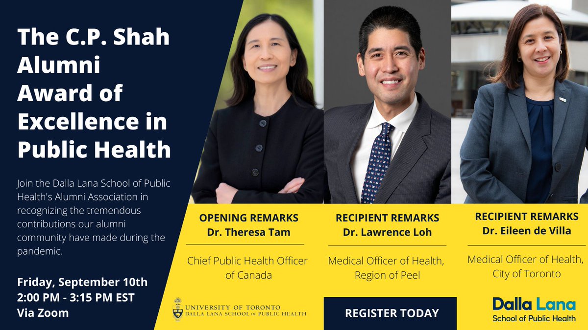 UofTPHAlumni's tweet photo. Only one day left to register for the C.P. Shah Alumni Award of Excellence in Public Health. This year we will be recognizing all alumni Medical Officers of Health for their tremendous contribution during the pandemic. To register, visit: https://t.co/fOJwt7kbnC #weareDLSPHalumni https://t.co/lE2lYY9Yom