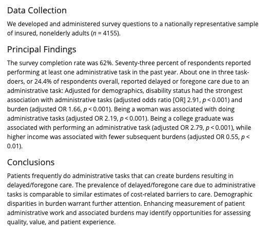 Adrianna McIntyre (@adrianna.bsky.social) (@onceupona) on Twitter photo You're going to want to bookmark this study from <a href="/michaelannica/">Michael Anne Kyle</a> and <a href="/afrakt/">Austin Frakt</a>: onlinelibrary.wiley.com/doi/10.1111/14…
"The prevalence of delayed/foregone care due to administrative tasks is comparable to similar estimates of cost-related barriers to care." You're going to want to bookmark this study from <a href="/michaelannica/">Michael Anne Kyle</a> and <a href="/afrakt/">Austin Frakt</a>: onlinelibrary.wiley.com/doi/10.1111/14…
"The prevalence of delayed/foregone care due to administrative tasks is comparable to similar estimates of cost-related barriers to care."