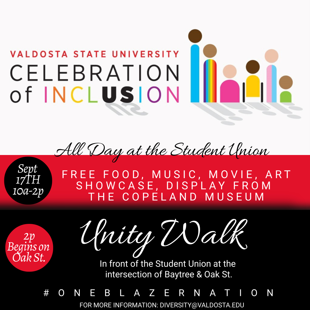 valdostastate's tweet image. Students, please join us for our annual Celebration of Inclusion on September 17 from 10 am to 2 pm at the Student Union. A Unity Walk will begin at 2 pm at the intersection of Baytree Rd and Oak St. Join us as we come together as #OneBlazerNation ❤️
More bit.ly/3BQ4jEm
