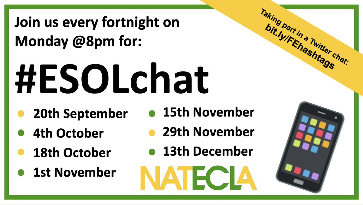 Dates for your diary #ESOLchat fans. Thanks to @ChloeFibonacci for this fab graphic.