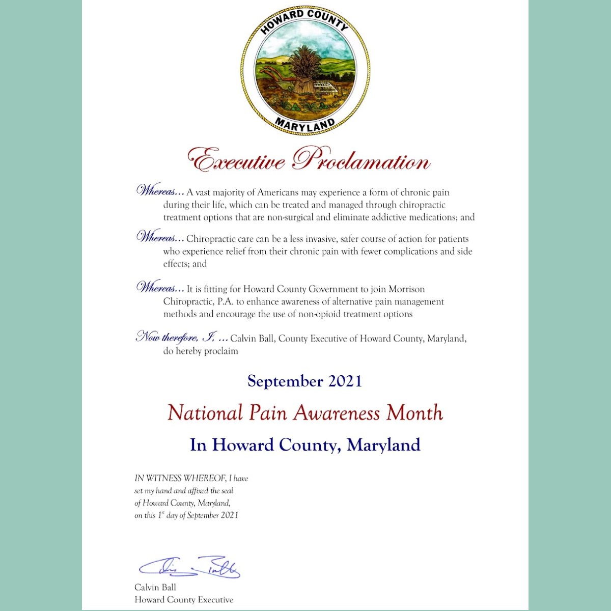 Morrison_Chiro's tweet photo. #NationalPainAwarnessMonth

🙌Thank you to Howard County Executive Calvin Ball for this proclamation!🙌

We are proud and dedicated to serve our community by using quality and affordable care to help those in need. https://t.co/5Wbc22D0X5