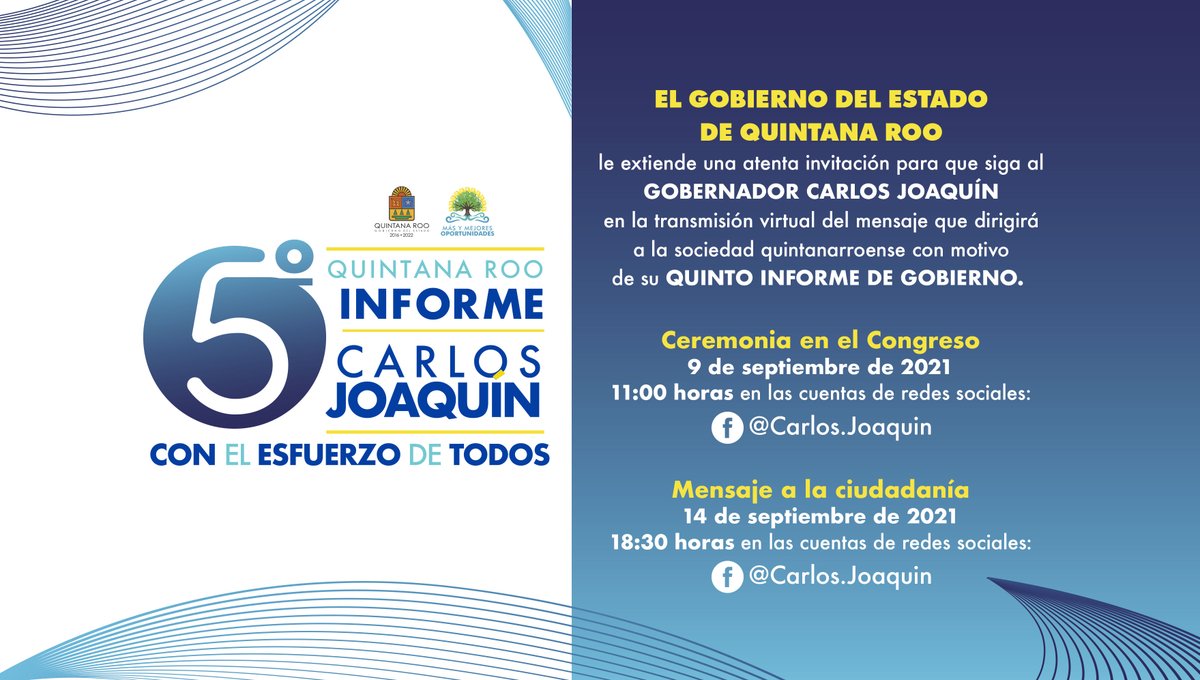 Quintanarroenses, hoy 11 a.m. les invito a que me acompañen en mis redes sociales, al 5.° Informe de Gobierno desde el <a href="/CongresoQRoo/">Congreso del Estado de Quintana Roo</a>, donde les compartiré la actividad del penúltimo año de mi administración. #ConElEsfuerzoDeTodos #QuintoInformeCJ