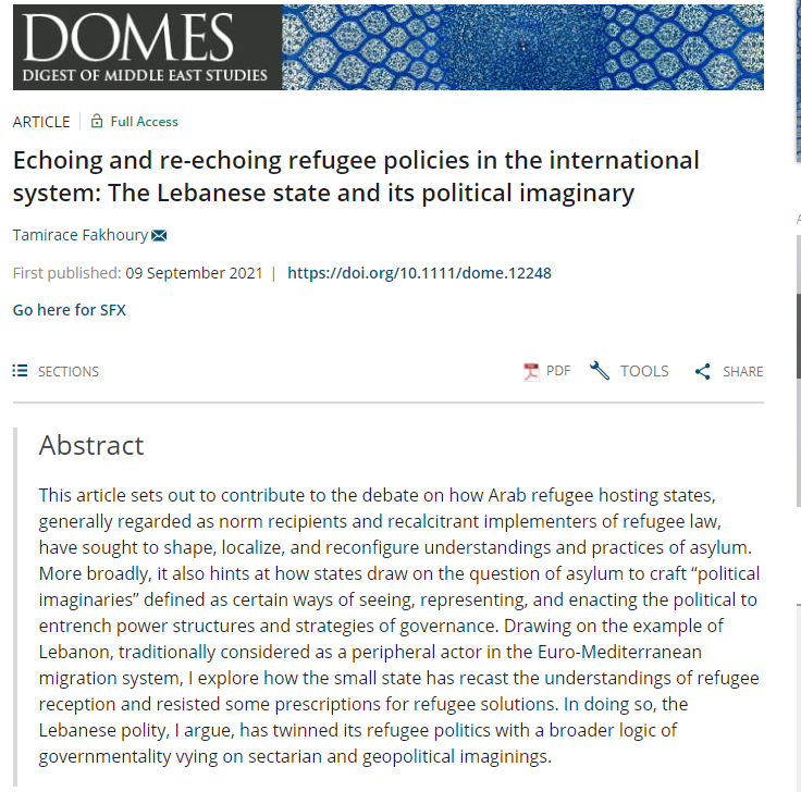 Tamirace Fakhoury (@tamyfakhoury) on Twitter photo Happy to share my article on how the #Lebanese state "echoes" & "re-echoes" #refugee policies in the international system. The article builds on the notion of #politics as an "imaginary". Thanks to <a href="/kelseypnorman/">Kelsey P. Norman</a> for leading on this SI <a href="/Domesjournal/">Digest of Middle East Studies</a> onlinelibrary.wiley.com/doi/10.1111/do… Happy to share my article on how the #Lebanese state "echoes" & "re-echoes" #refugee policies in the international system. The article builds on the notion of #politics as an "imaginary". Thanks to <a href="/kelseypnorman/">Kelsey P. Norman</a> for leading on this SI <a href="/Domesjournal/">Digest of Middle East Studies</a> onlinelibrary.wiley.com/doi/10.1111/do…