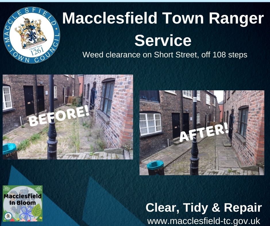 MaccRanger's tweet photo. This lovely old street at the rear of the Millstone pub, off 108 Steps was full of weeds and looked a little sad.  Good to see it now spick and span after some ranger attention. #macclesfield #cleanandtidy https://t.co/7UtUs9ImBD