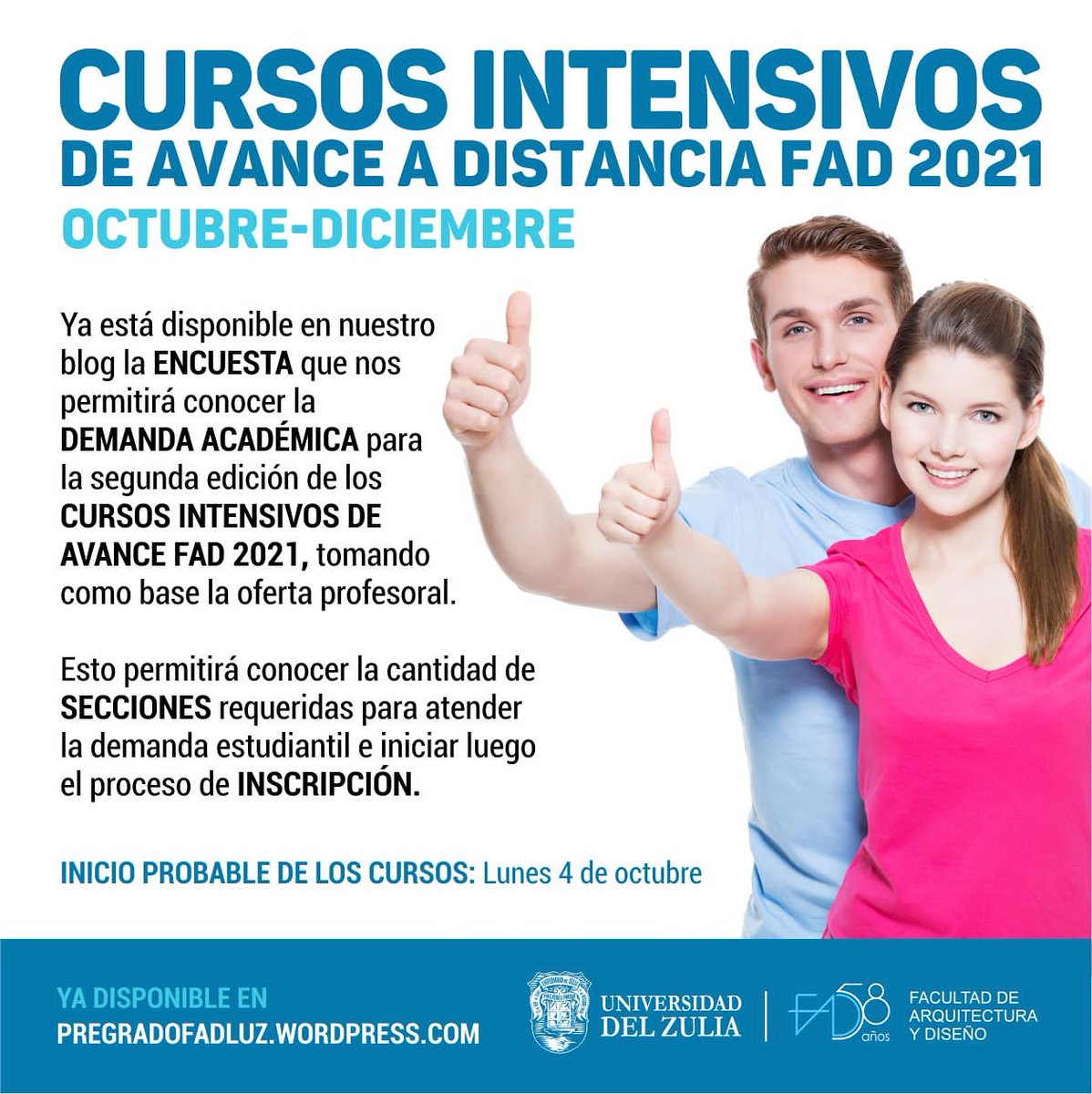 Ya está disponible en nuestro blog pregradofadluz.wordpress.com la ENCUESTA que nos permitirá conocer la DEMANDA ACADÉMICA para la segunda edición de los CURSOS INTENSIVOS DE AVANCE FAD 2021, tomando como base la oferta profesoral.
Mator información en 
instagram.com/p/CTme-LznIkO/…