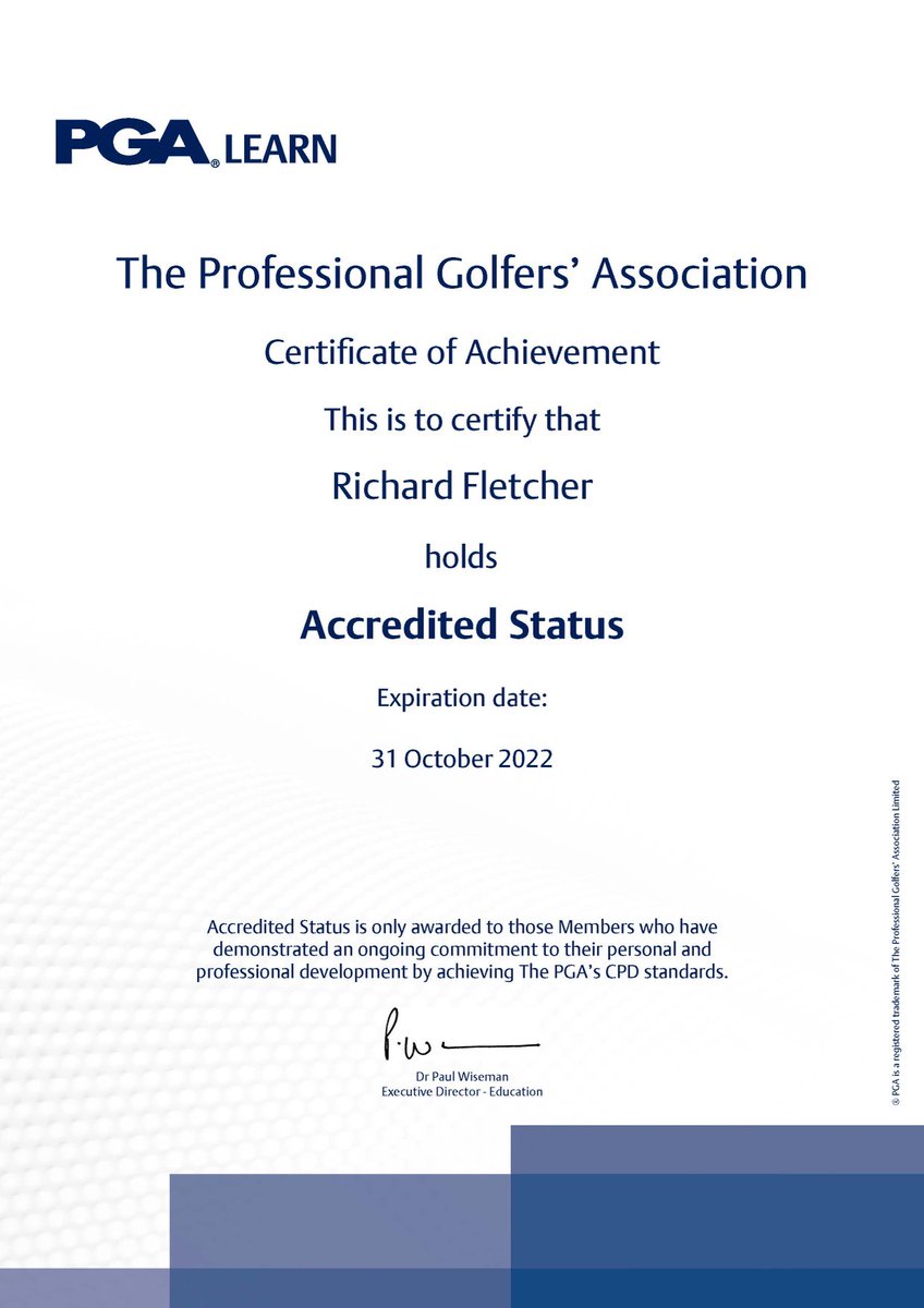 R_P_Fletcher's tweet photo. ⁦@ThePGA⁩ Really pleased to have achieved my #Accredited Status after having so many years away from the wonderful game.  Time now to put it to use. https://t.co/mKk5U0oK1G