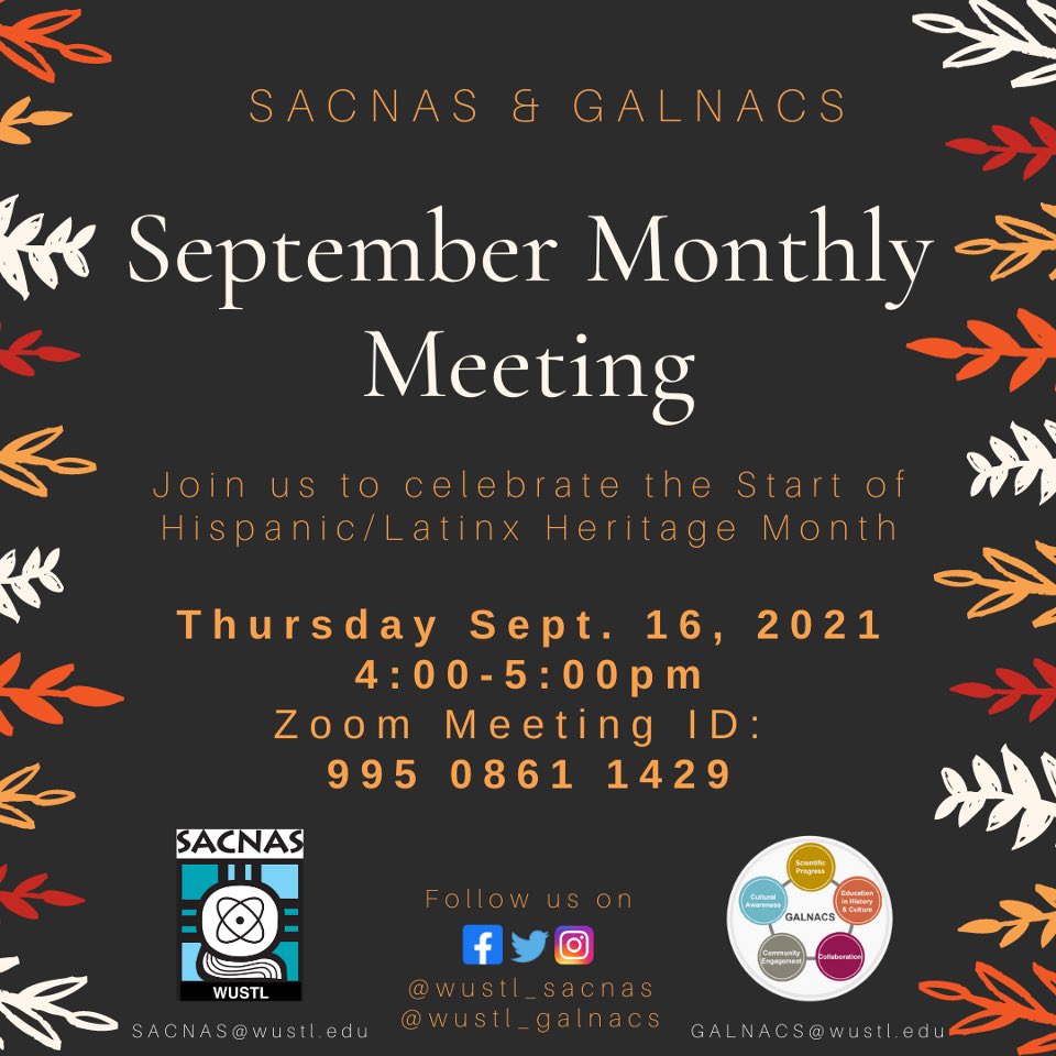 In celebration of the start of Hispanic Heritage Month, our first SACNAS and GALNACS meeting of the year is next week! Come join us on Thursday Sept. 16th at 4pm to learn about us and our exciting plans for the year!