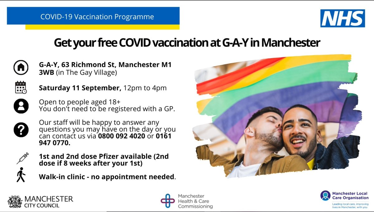 Get your free COVID-19 vaccination at G-A-Y in Manchester🌈 Come down this Saturday 11 September between 12pm - 4pm for your 1st or 2nd dose of Pfizer. #GAYManchester 💛🧡💜