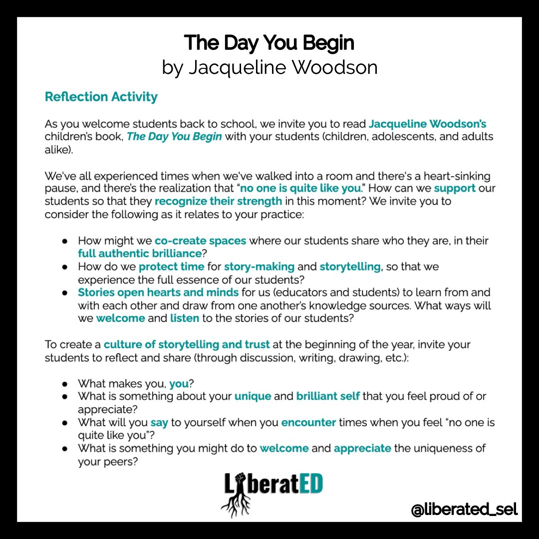 How can we co-create spaces where our students feel safe to share who they are, in their full authentic brilliance?

We invite you to read <a href="/JackieWoodson/">Jacqueline Woodson</a>’s book, The Day You Begin, and to reflect on ways you can create a classroom culture of storytelling and trust.

#LiberatEDSEL